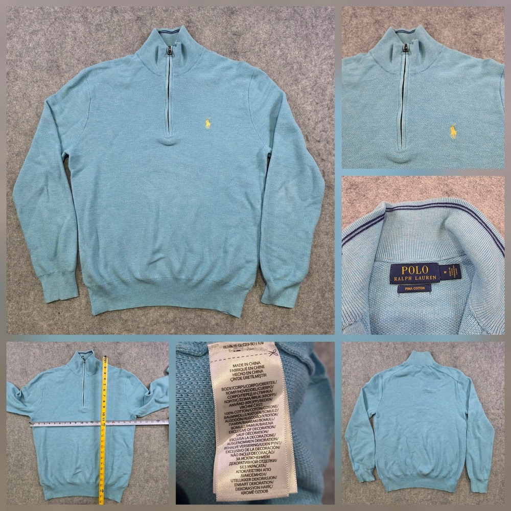 Polo Ralph Lauren Pima Cotton Sweater Mens‎ Medium Blue 1/4 Zip Mock Neck Knit